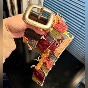 Lucky Brand Granny Square Patchwork Fabric Belt with Solid Brass Belt Buckle